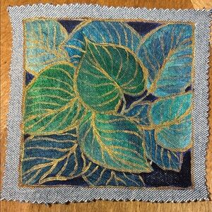 Hand painted ART Patch with gold edged leaves. Apply to jeans, bag, jacket, etc.